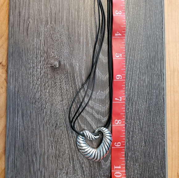 Silver Stipe Heart Black Cord Necklace - Picture 3 of 5